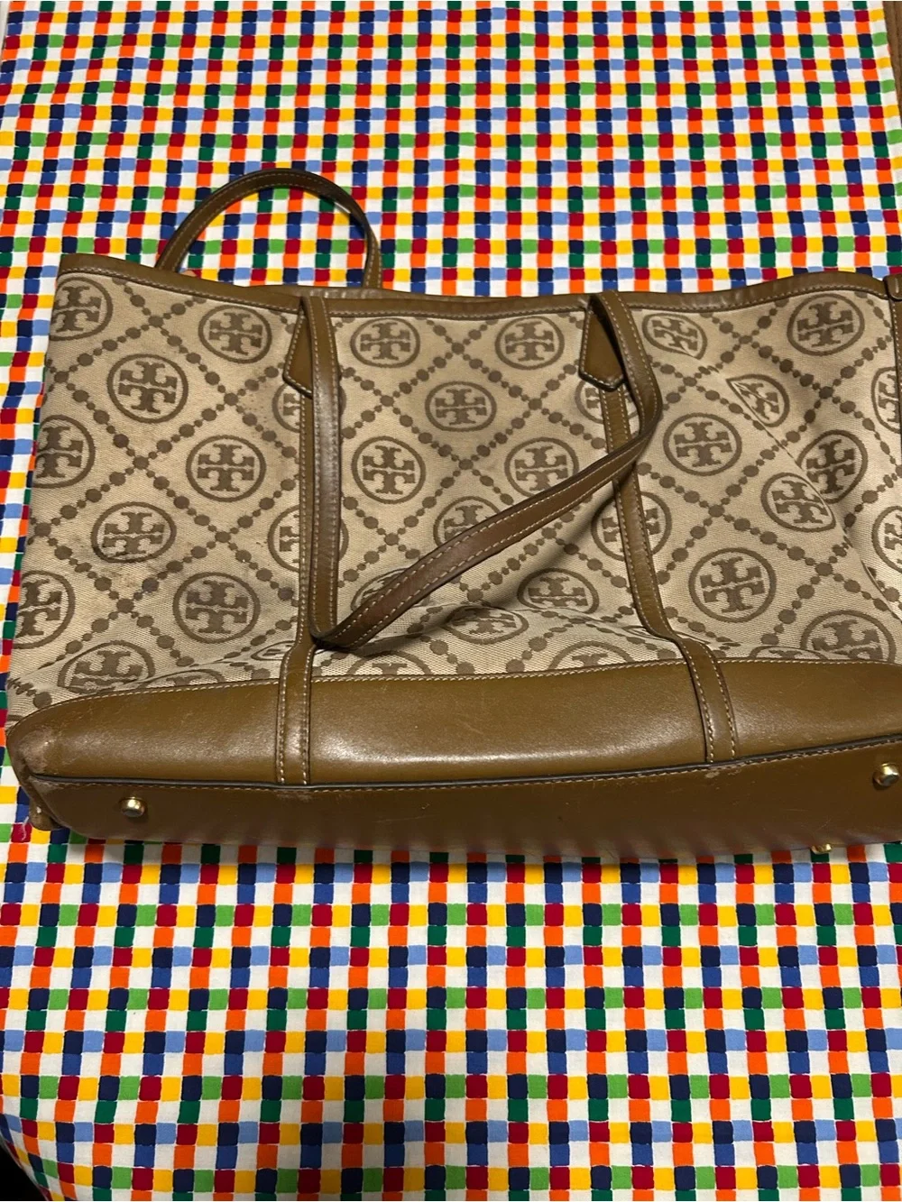 Tory Burch Tan/Beige Canvas Logo Triple-Compartment Perry Tote